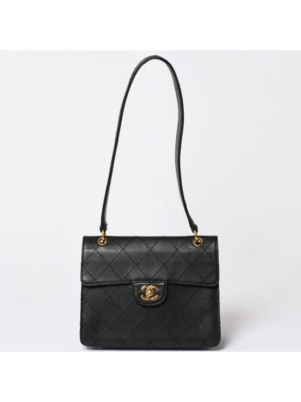 Chanel Quilted Bag CC Logo Caviar Leather Black Gold